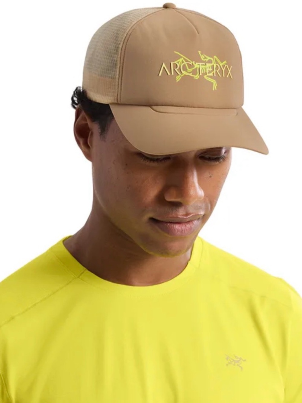Arc'Teryx Logo Bird Trucker Curved Hat Cap OSFM White And Tan SnapBack - Picture 2 of 7